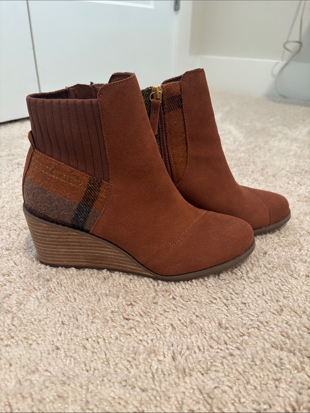 Toms Rust Suede Wedge Ankle Booties with Plaid Heel Accent